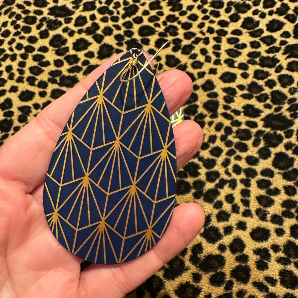 Geometric Blue & Gold Leather Teardrop Earrings - Picture 4 of 8